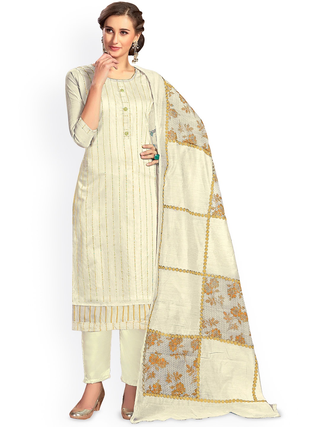 

Maroosh Striped Unstitched Dress Material, Beige