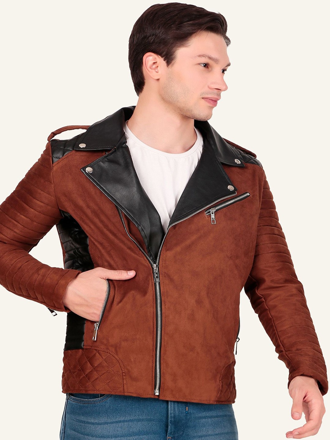 

Leather Retail Men Lapel Collar Solid Casual Biker Jacket, Brown