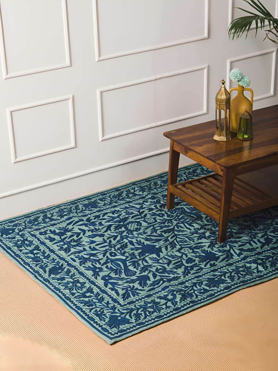 

Fabindia Teal Blue Printed Wool Dhurrie