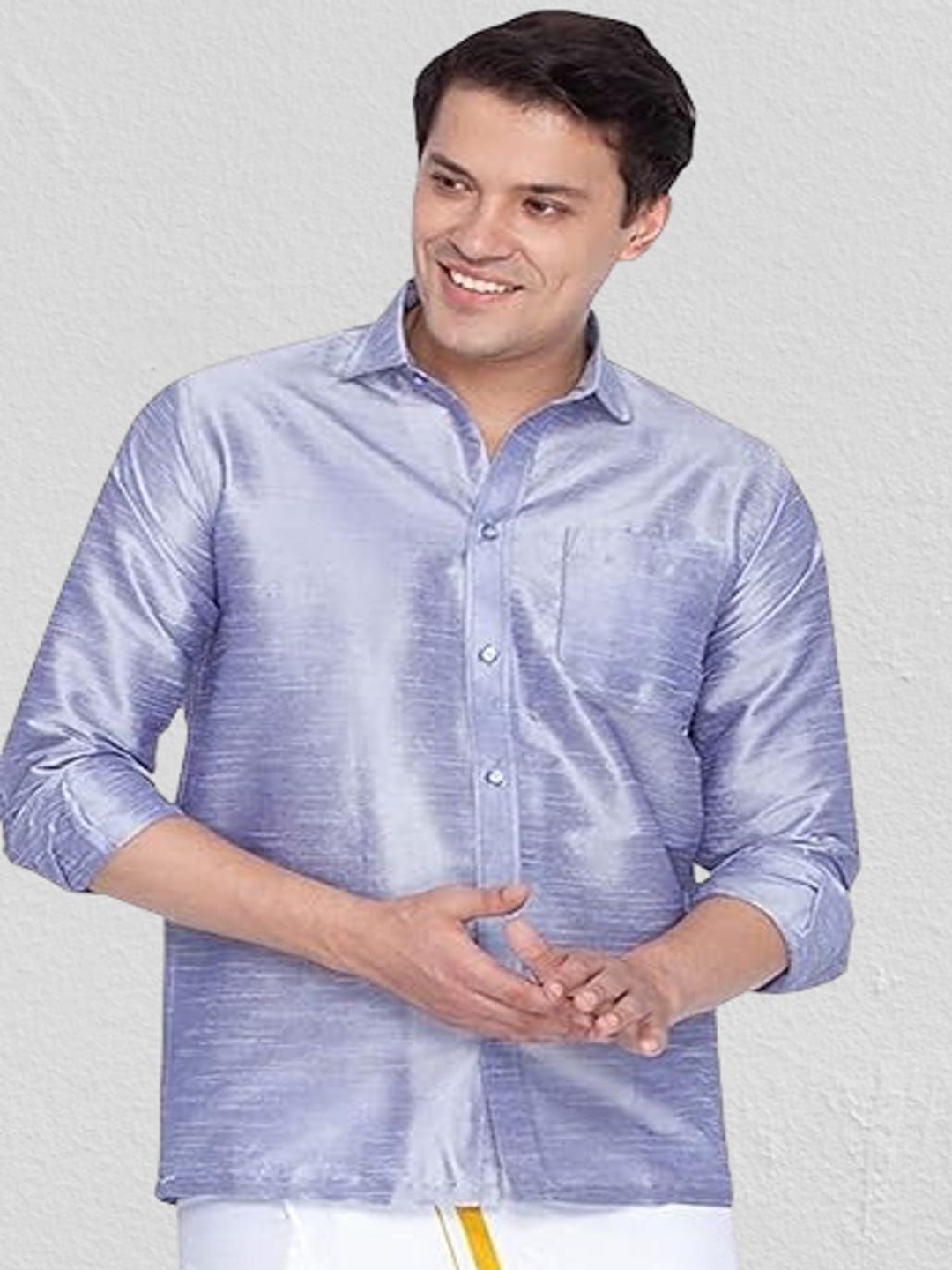 

BANHUSSAIN Men Spread Collar Solid Silk Casual Shirt, Blue
