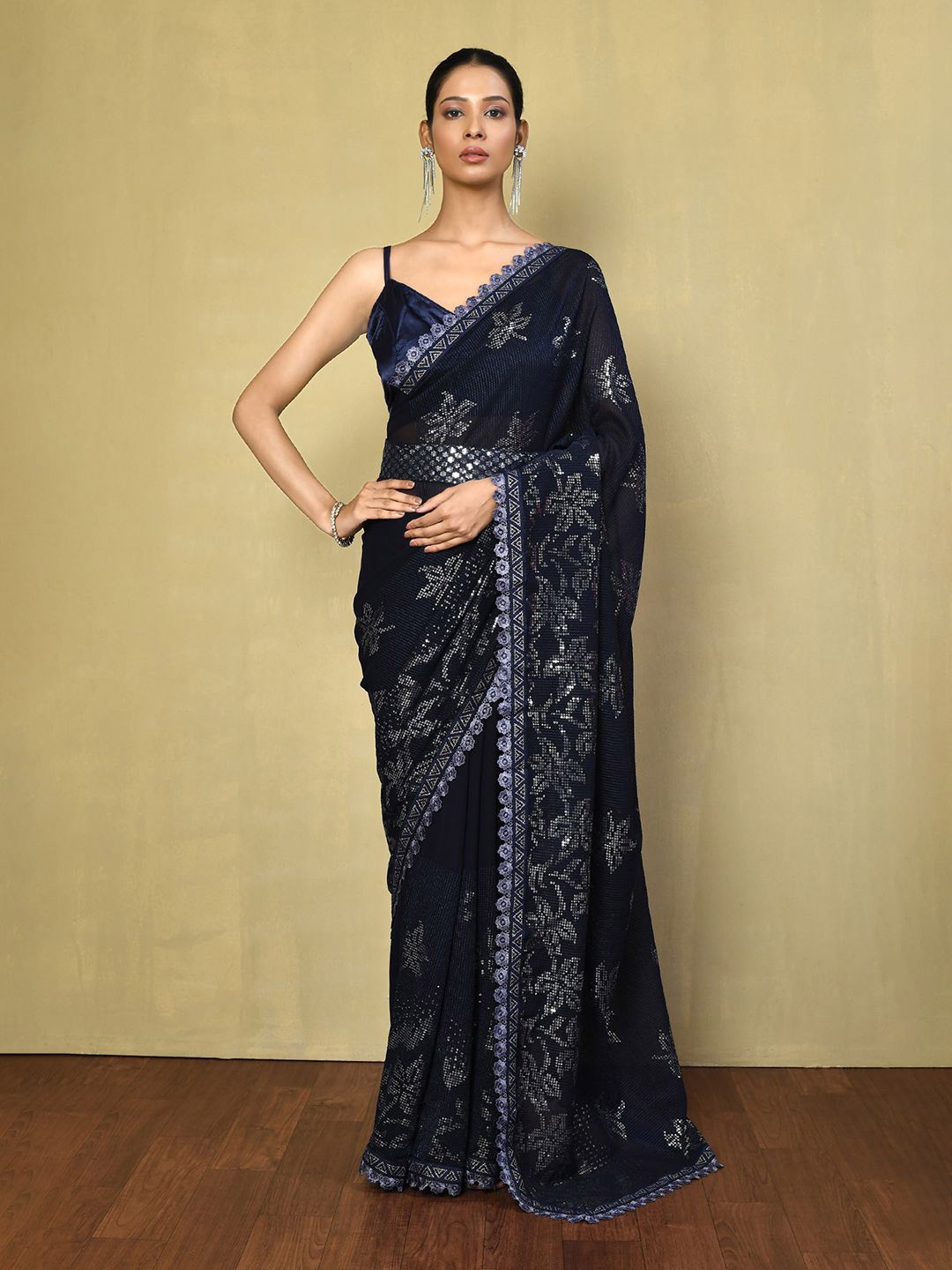 

Nazaakat by Samara Singh Floral Sequinned Poly Georgette Saree, Blue