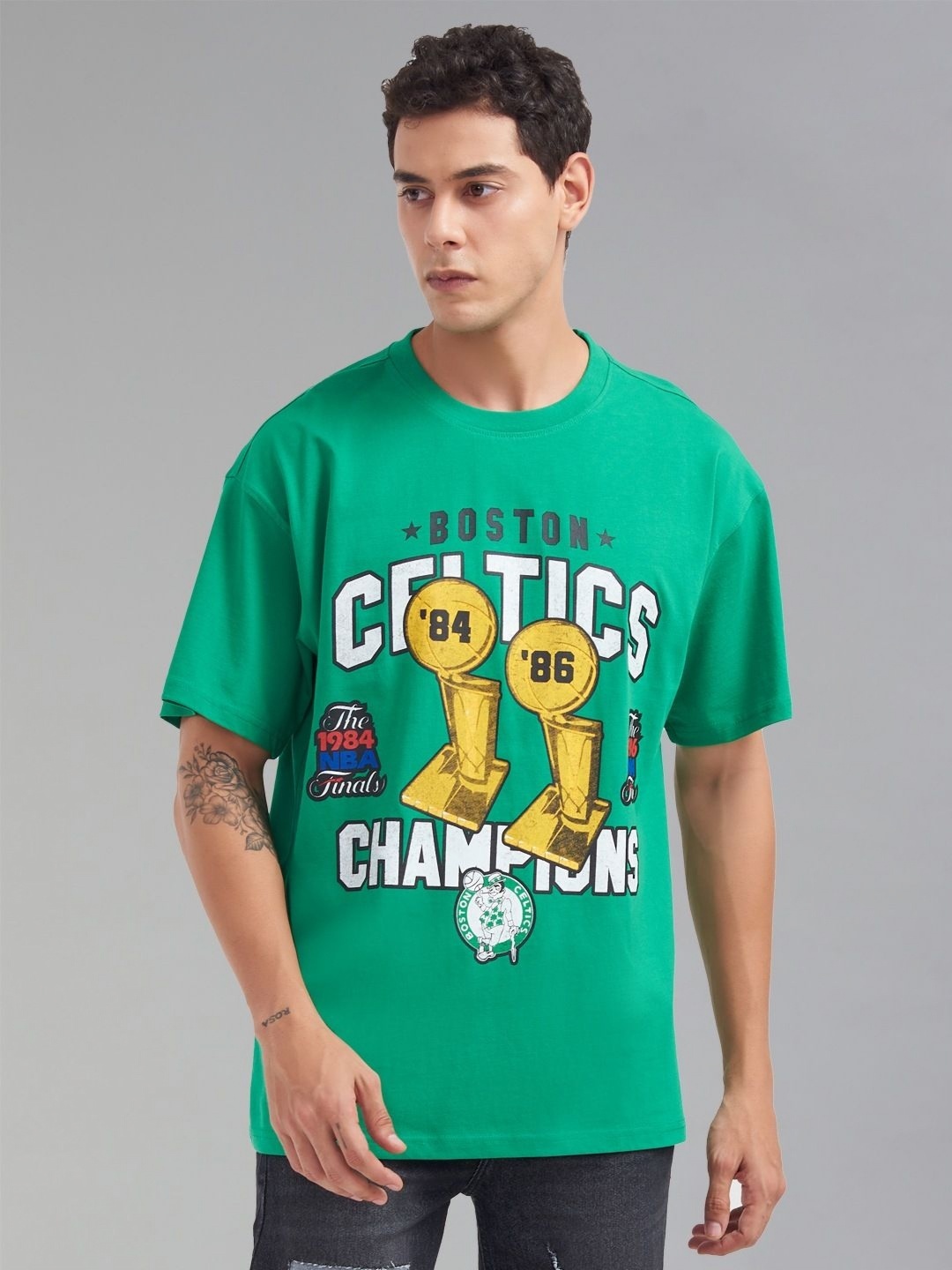 

NBA Men Typography Printed Round Neck Cotton Oversized T-shirt, Green