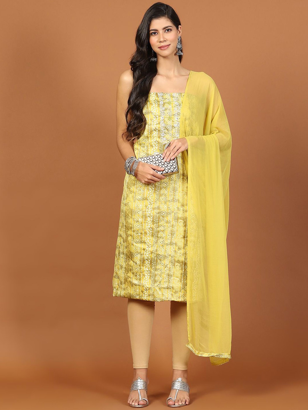 

Meena Bazaar Ethnic Motifs Printed Unstitched Dress Material, Yellow