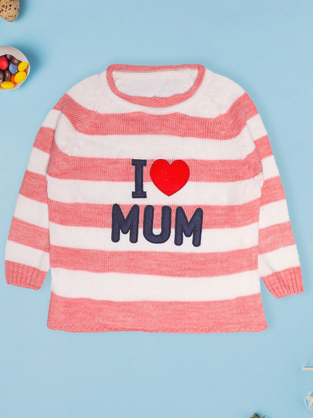 

CHKOKKO Girls Striped Woollen Pullover with Applique Detail, Peach