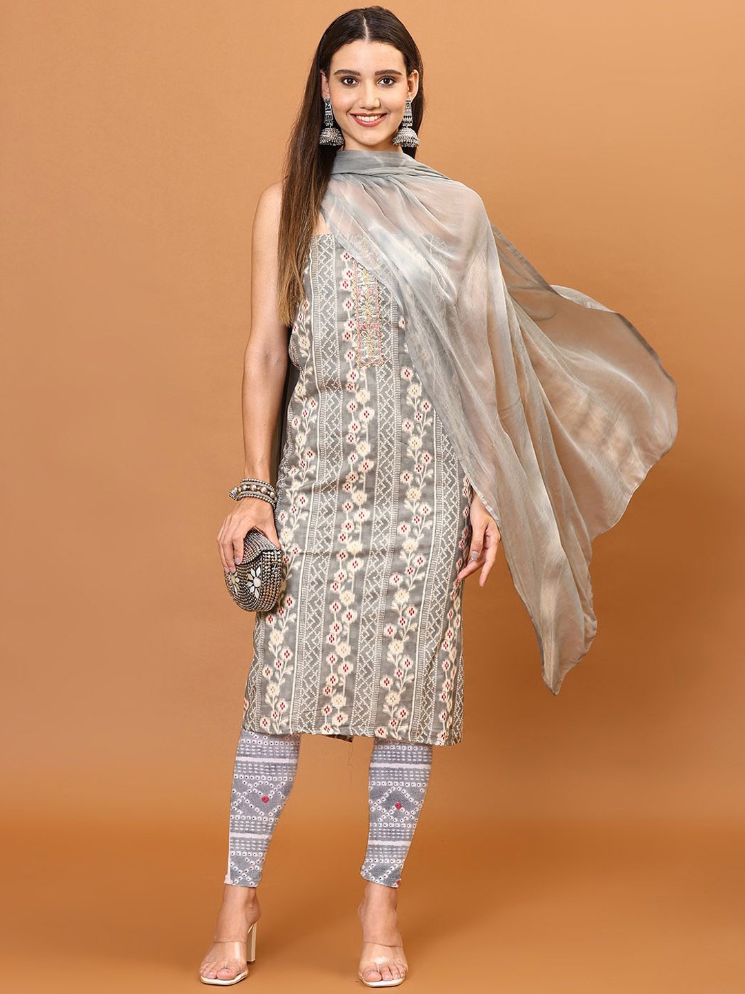 

Meena Bazaar Floral Printed Thread Work Unstitched Dress Material, Grey