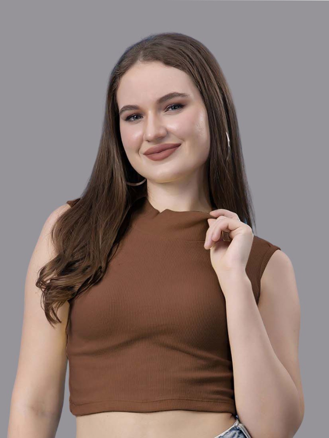 

Friskers Women High Neck Cotton Crop Top, Brown