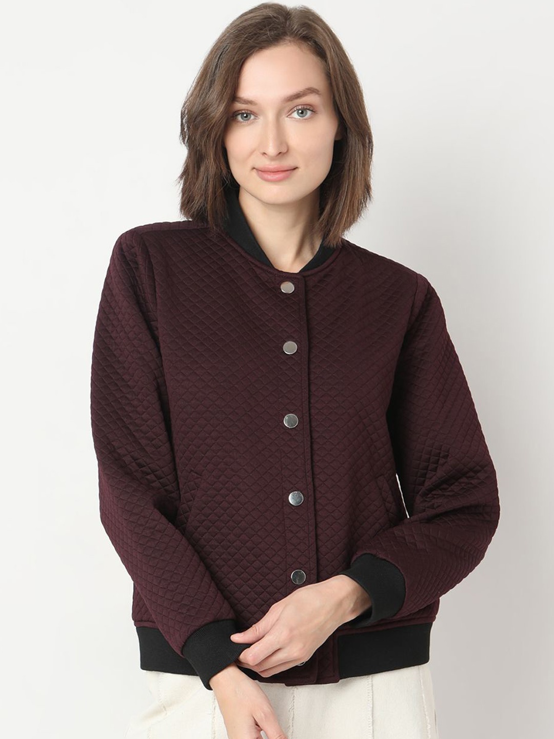 

Vero Moda Women Mock Collar Solid Casual Bomber Jacket, Maroon