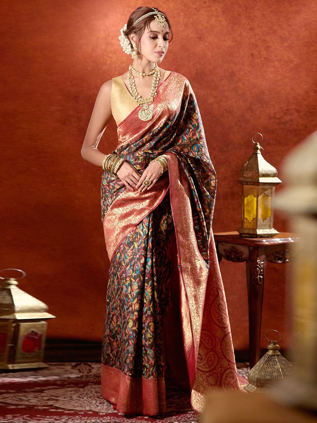 

Nazaakat by Samara Singh Floral Zari Art Silk Saree, Black