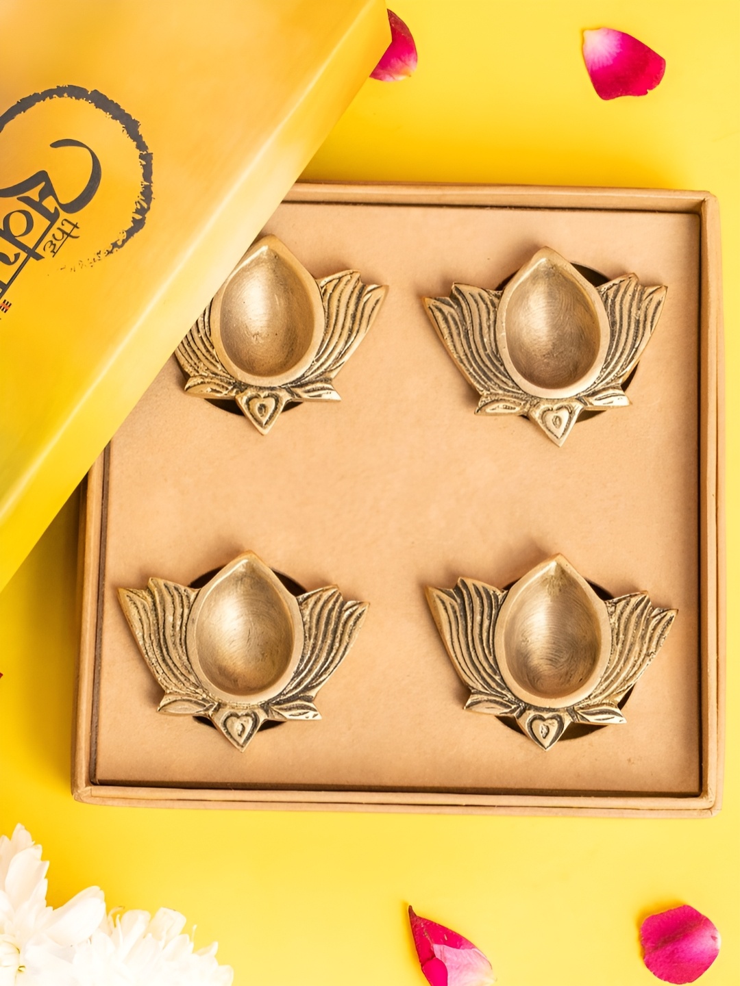 

The Advitya Brass Lotus Diya Set of 4 Gift Hamper, Gold