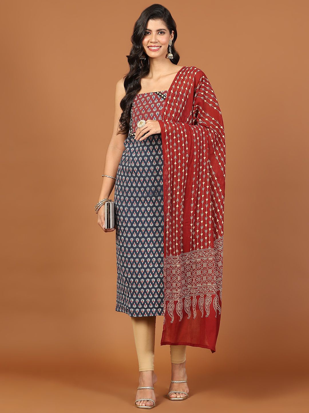 

Meena Bazaar Geometric Printed Thread Work Cotton Unstitched Dress Material, Blue