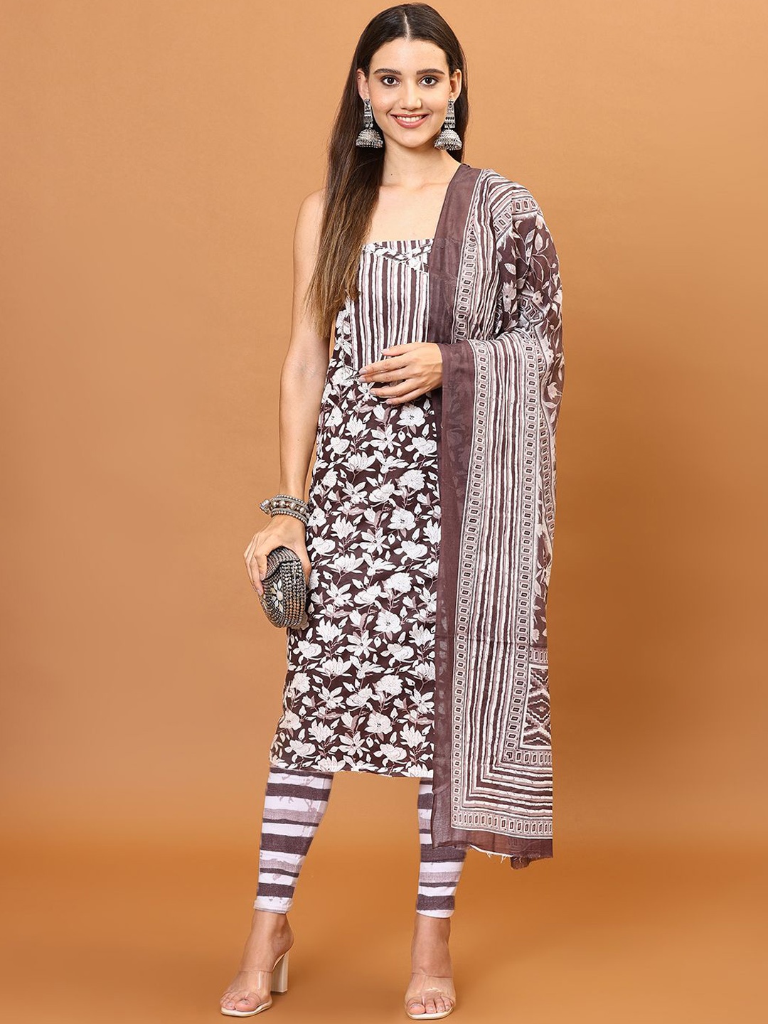 

Meena Bazaar Floral Printed Unstitched Dress Material, Brown