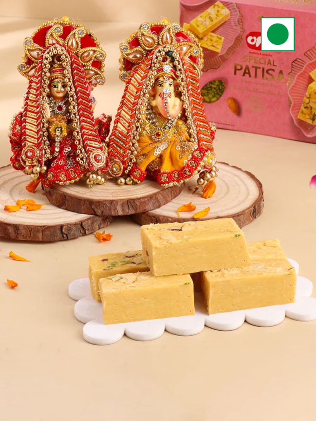 

Floweraura Teracotta (Mitti) Lord Laxmi Ganesha Idol Showpieces With 250g Patisa Sweet, Red