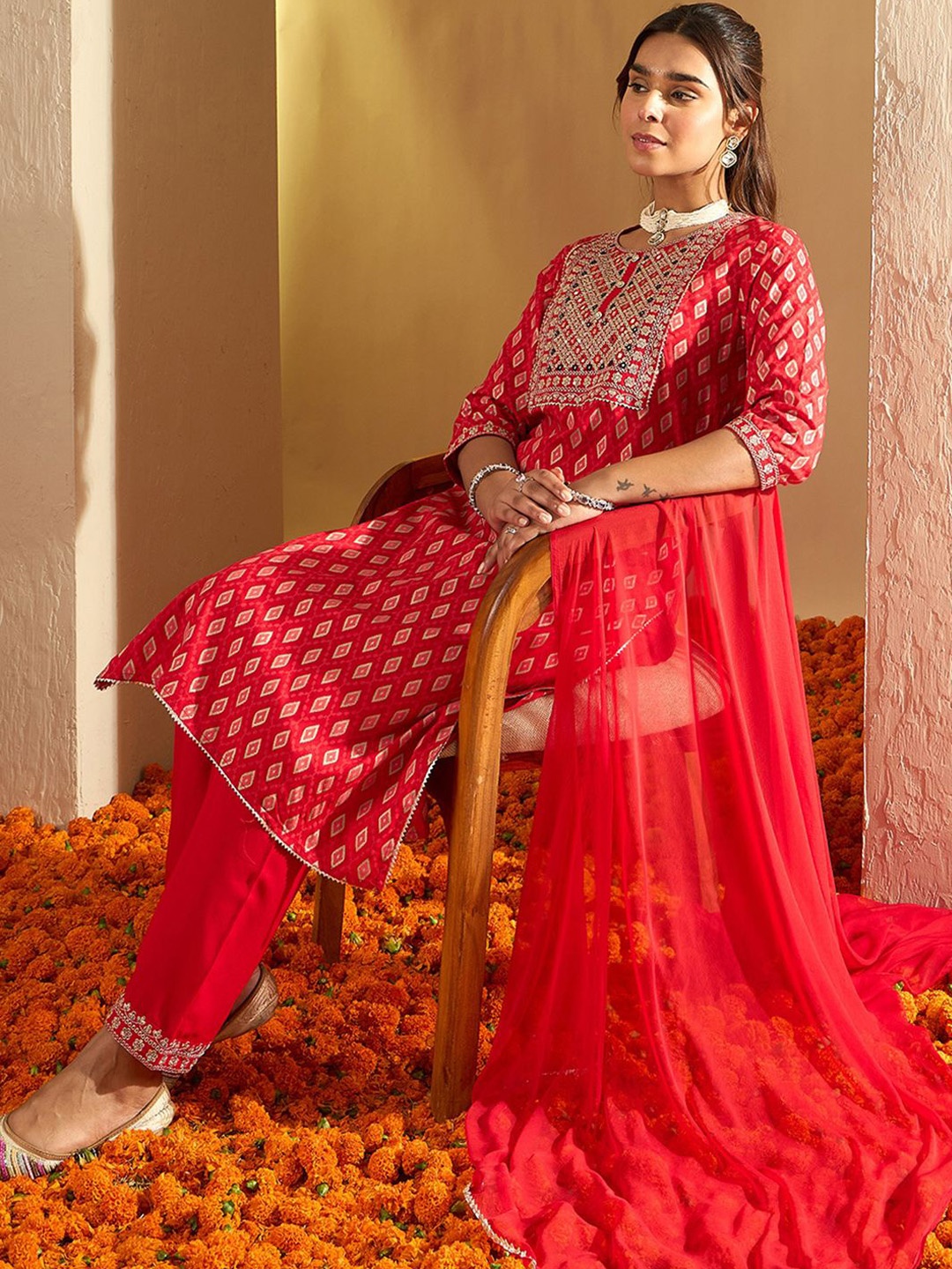 

Indo Era Floral Printed Mirror Work Straight Kurta With Trousers & Dupatta, Red