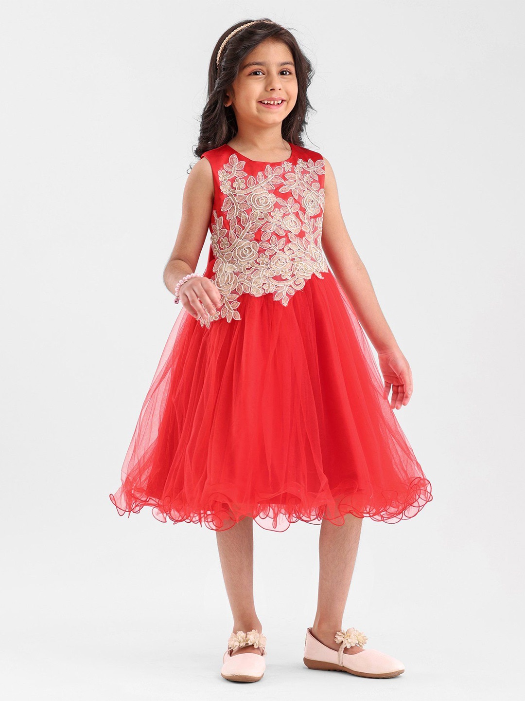 

Mark & Mia Girls Self Design Sleeveless Fit and Flare Dress, Red