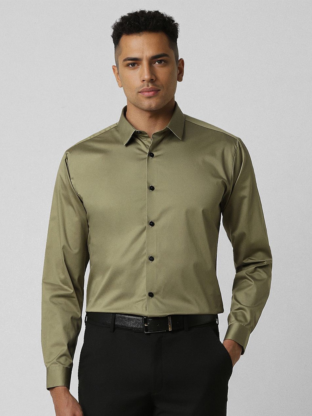 

V Dot Men Spread Collar Solid Cotton Slim Fit Formal Shirt, Olive