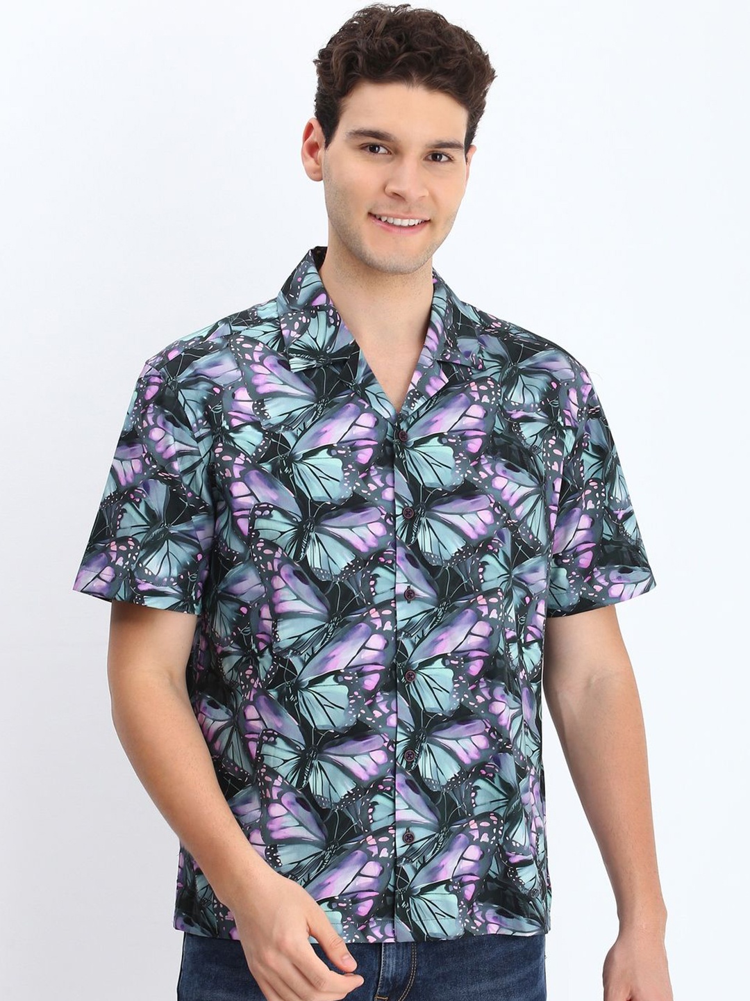

Allen Solly Men Cuban Collar Conversational Printed Cotton Casual Shirt, Black