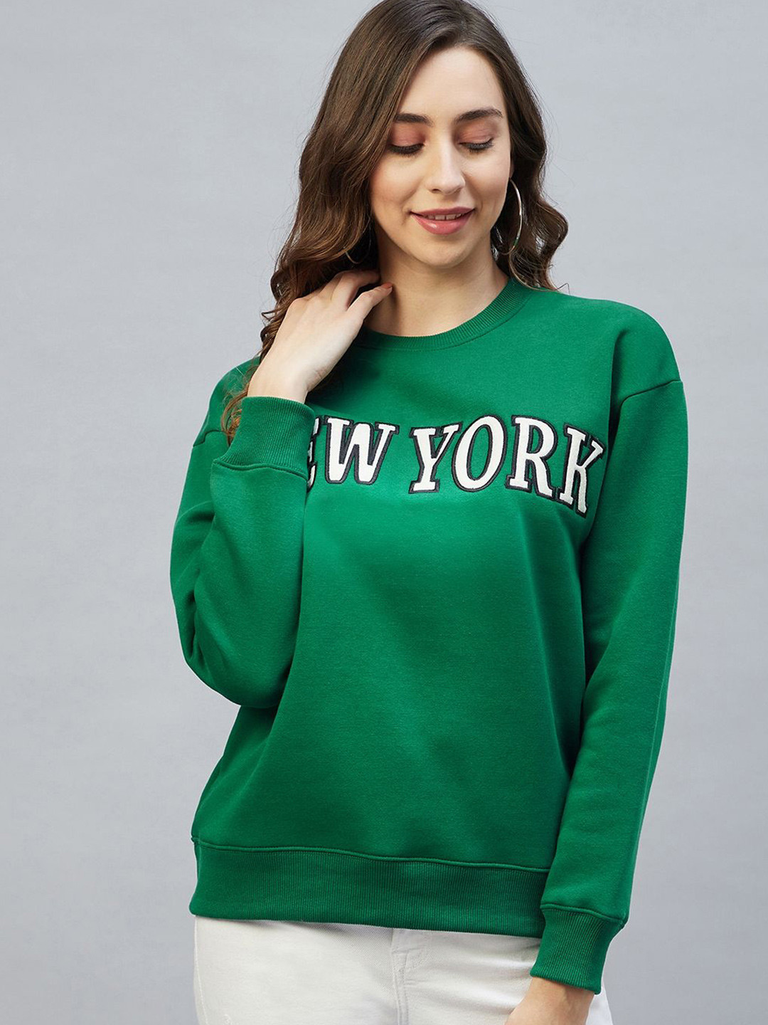 

DELAN Women Winter Embroidered Round Neck Sweatshirt, Green