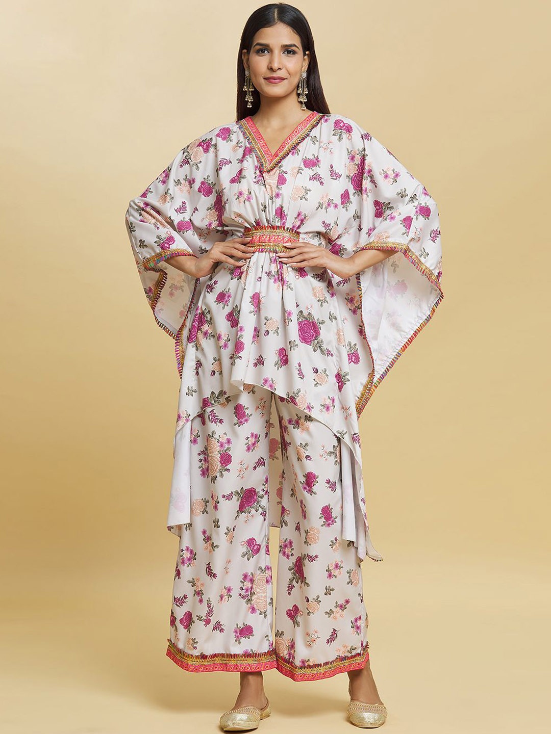

Adara Khan Floral Printed Regular Kaftan Kurta with Palazzos, White