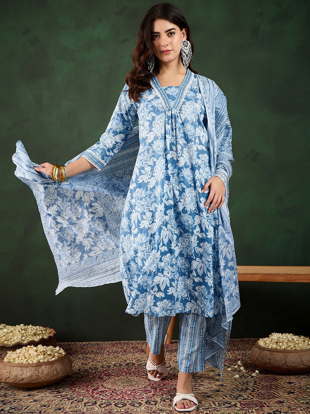 

BANDIA Floral Printed Pure Cotton A-Line Kurta With Trousers & Dupatta, Blue