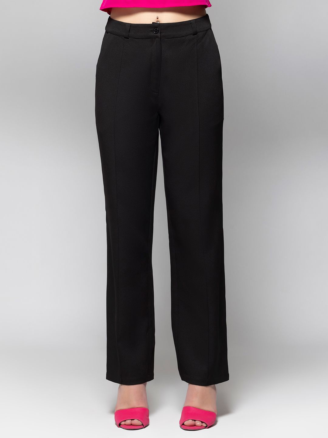 

SHAYE Women Relaxed Straight Fit High-Rise Pleated Trousers, Black