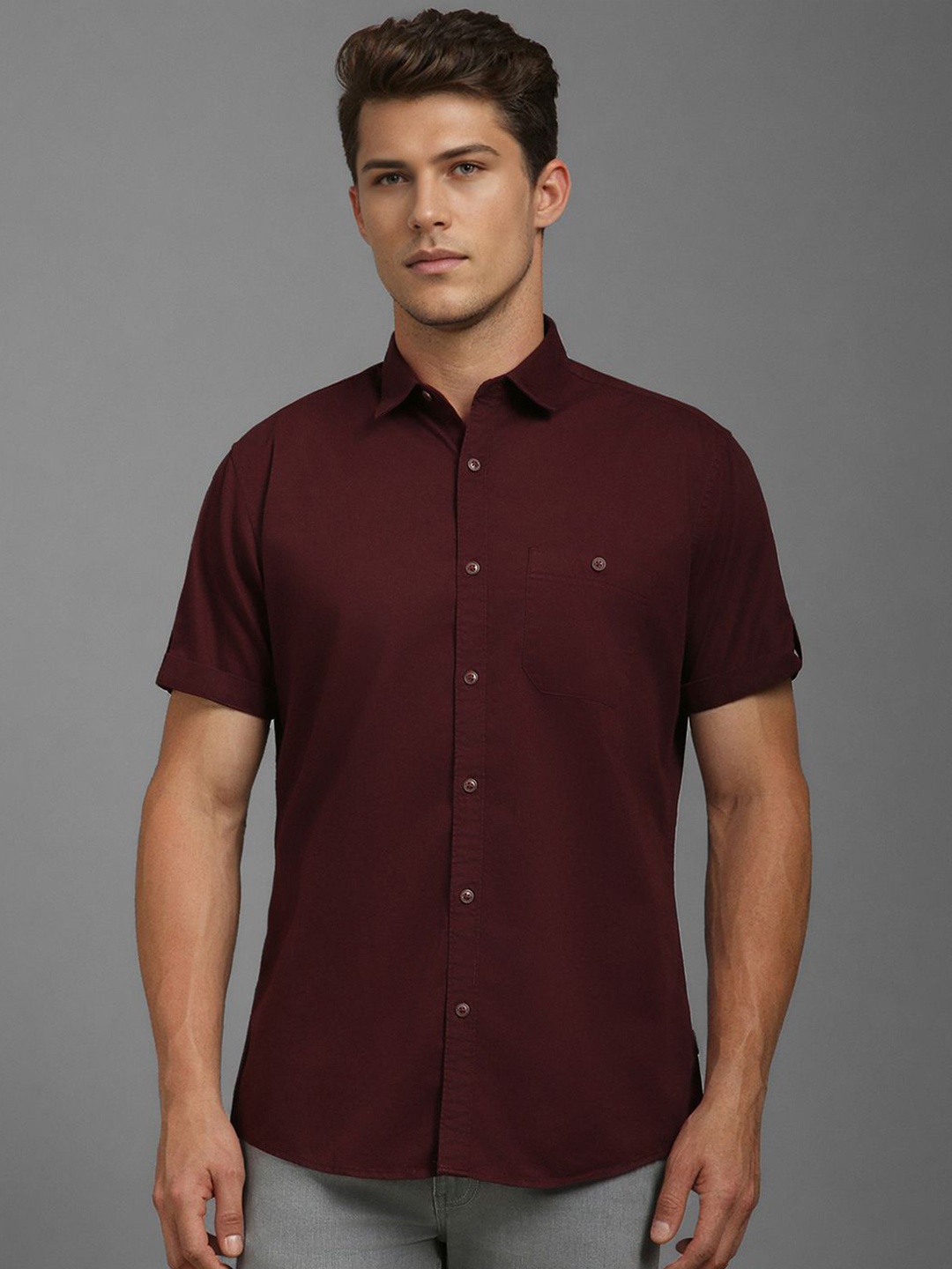 

Louis Philippe Jeans Men Spread Collar Solid Cotton Casual Shirt, Maroon