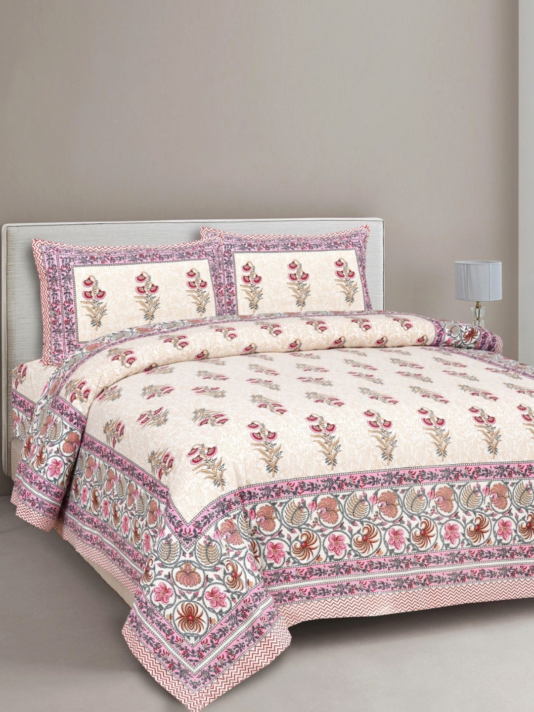 

Urban Jaipur Pink & Cream-Coloured Floral 200 TC King Bedsheet with 2 Pillow Covers