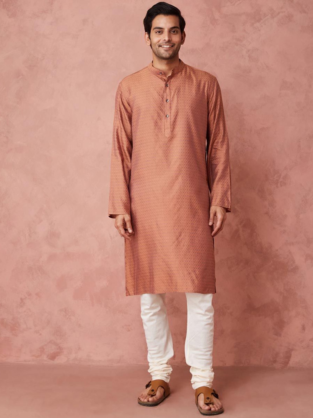 

Fabindia Floral Woven Design Thread Work Mandarin Collar Straight Kurta, Brown