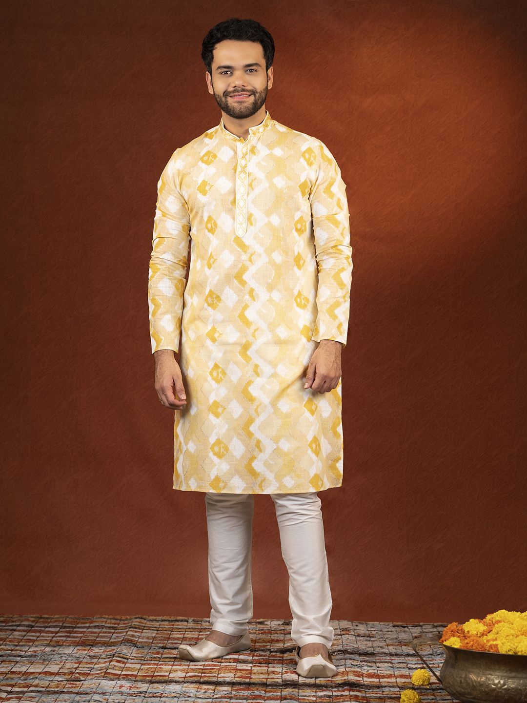 

TheEthnic.Co Geometric Printed Pure Cotton Straight Kurta with Churidar, Yellow