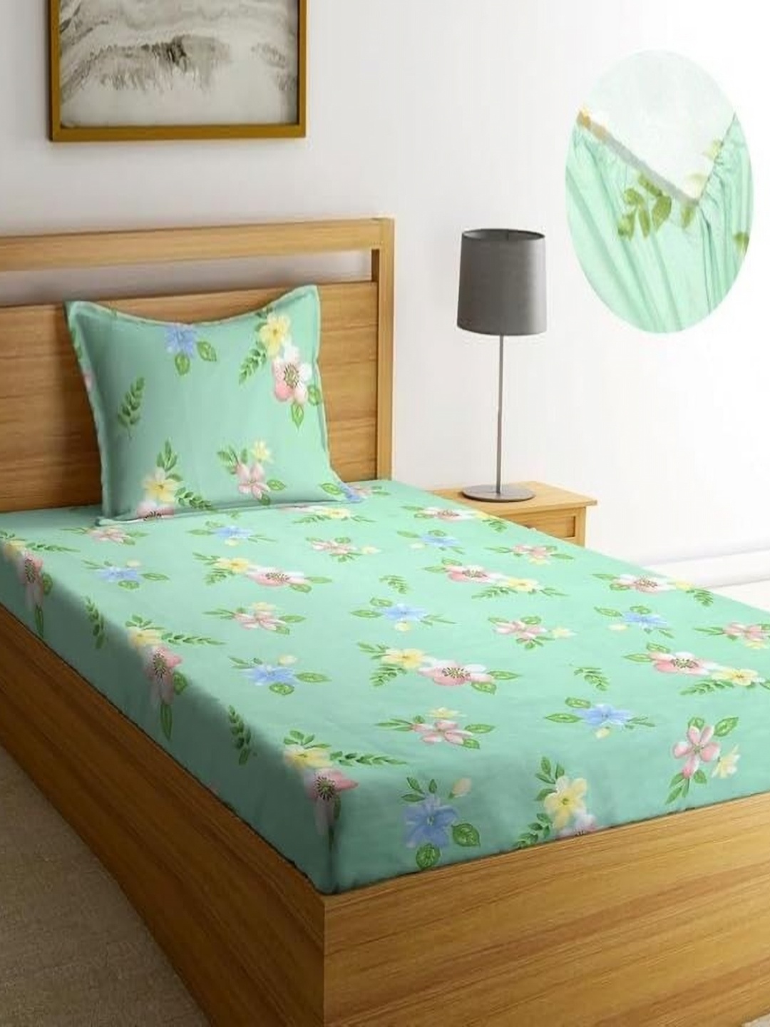 

MORADO Green & Yellow Floral 210 TC Single Bedsheet with 1 Pillow Covers
