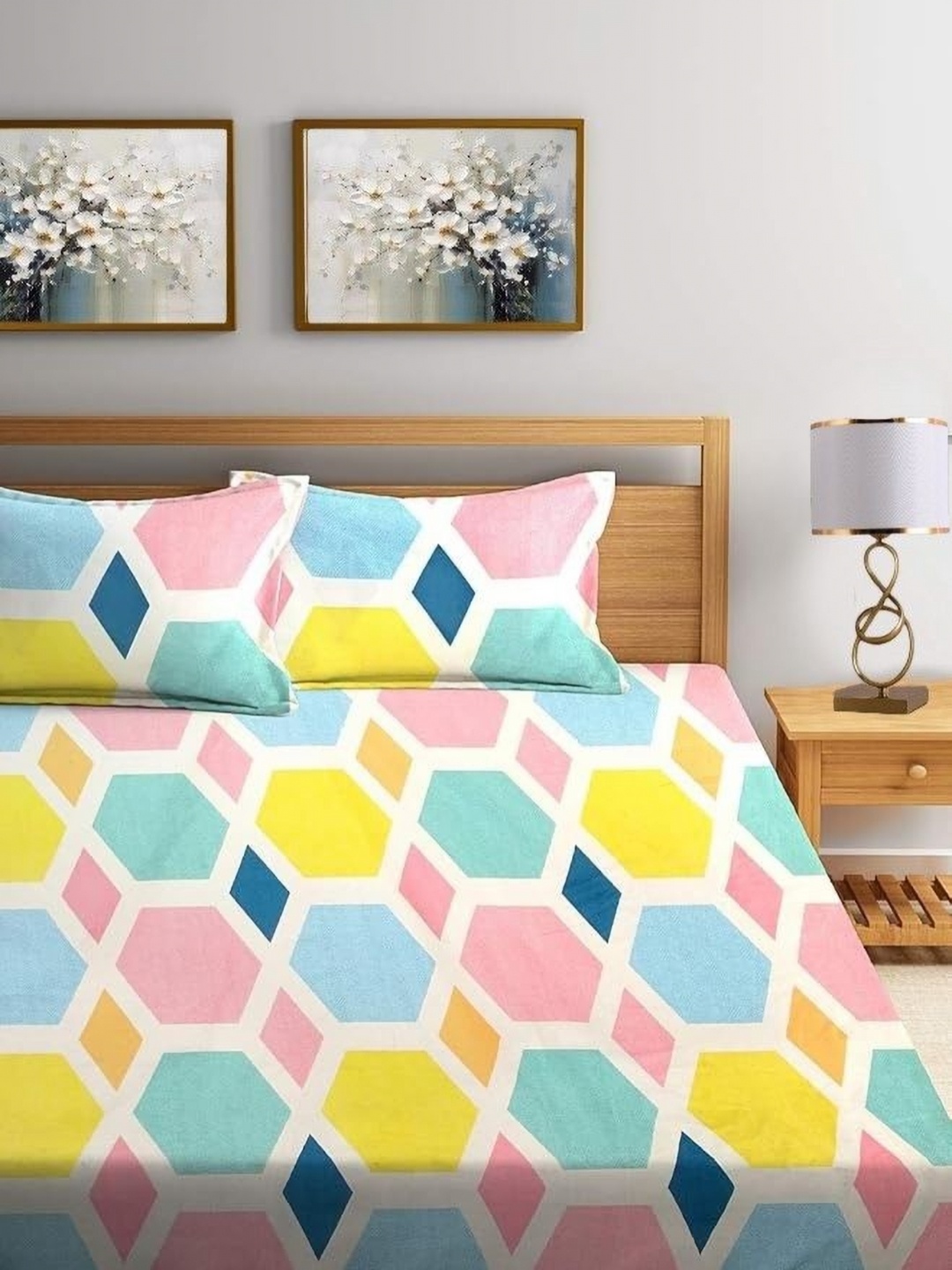 

MORADO Yellow & Blue Floral 210 TC Queen Bedsheet with 2 Pillow Covers