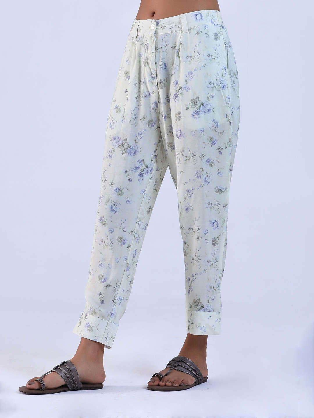 

TJORI Women Cotton Floral Printed Loose Fit Pleated Trousers, Off white