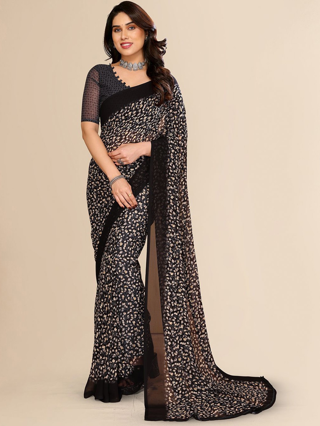 

ANAND SAREES Floral Poly Georgette Saree, Black