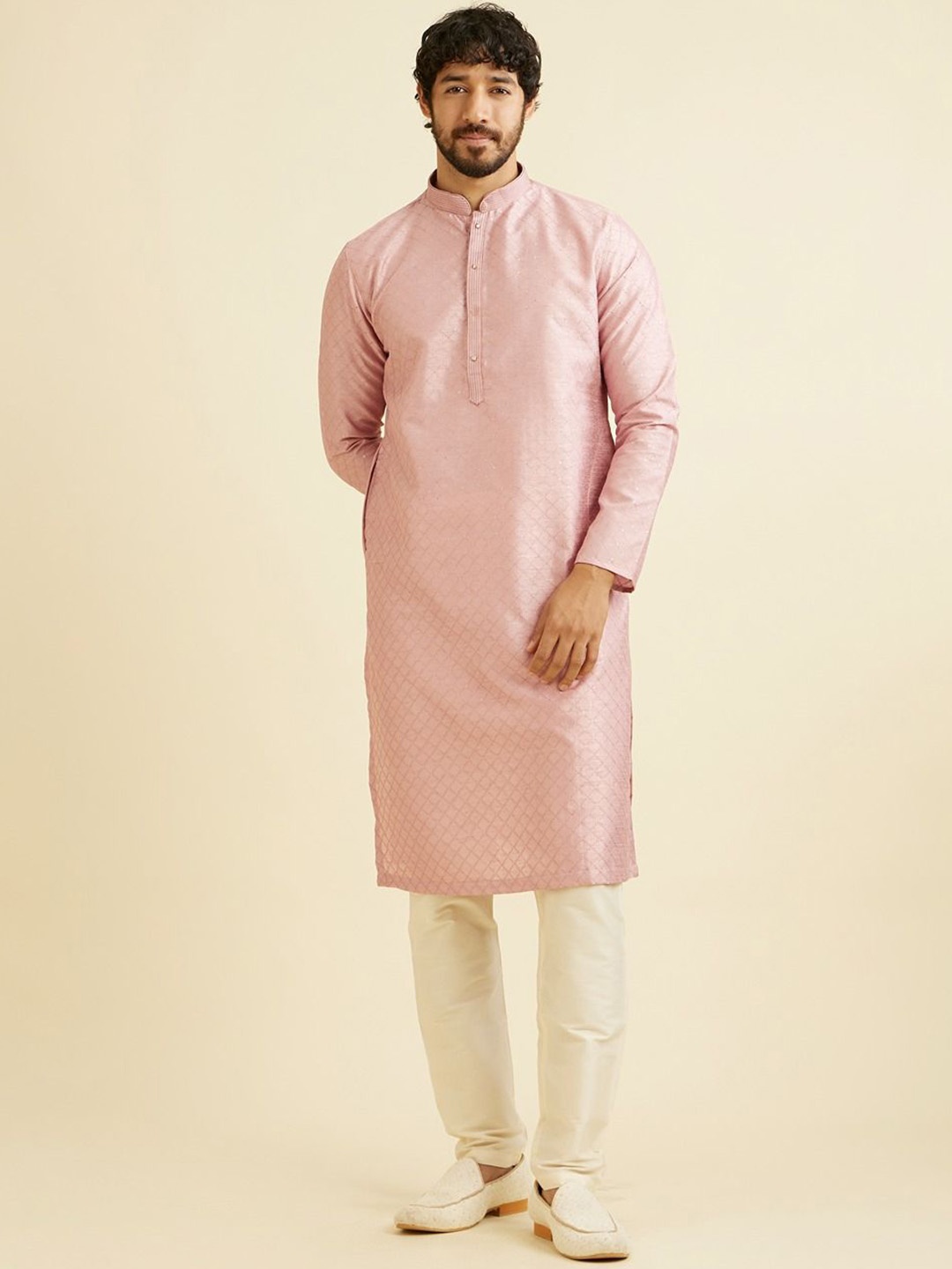 

Manyavar Checked Embroidered Sequinned Mandarin Collar Straight Kurta With Trousers, Pink