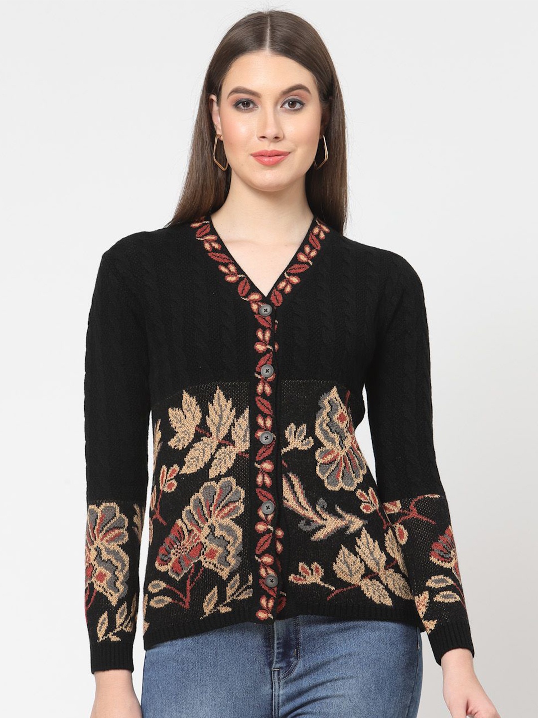 

Kalt Women Black V Neck Full Sleeves Floral Printed Acrylic Cardigan