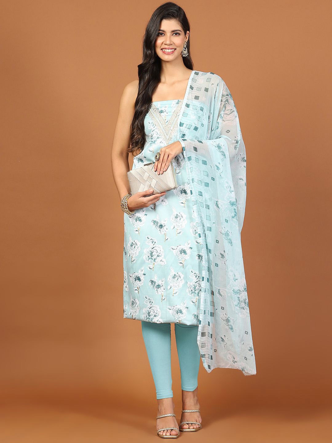 

Meena Bazaar Floral Printed Unstitched Dress Material, Blue