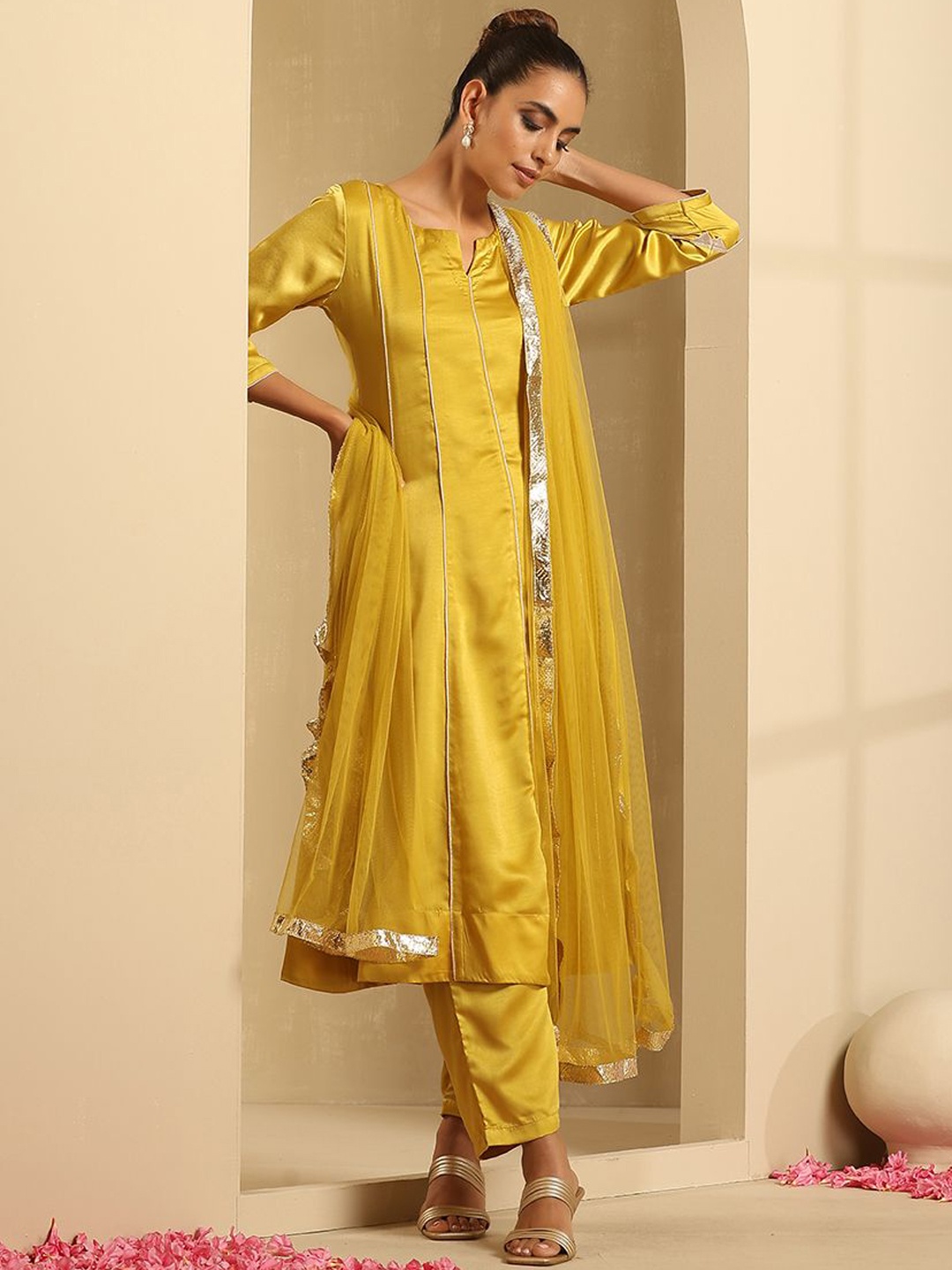 

indy Raaga Round Neck Gotta Patti Anarkali Kurta with Trousers & Dupatta, Yellow