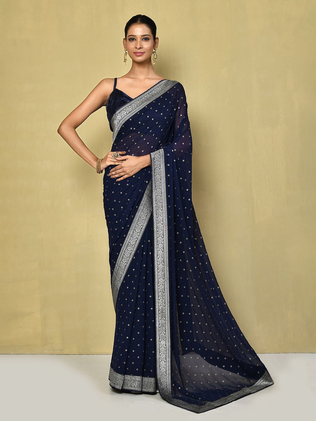 

Nazaakat by Samara Singh Polka Dot Zari Poly Georgette Saree, Blue