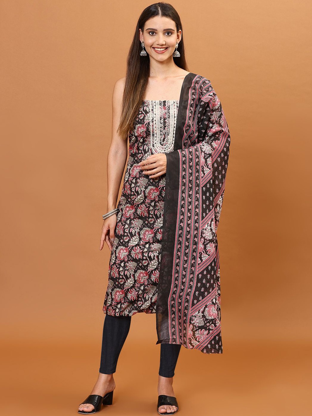

Meena Bazaar Floral Printed Unstitched Dress Material, Black