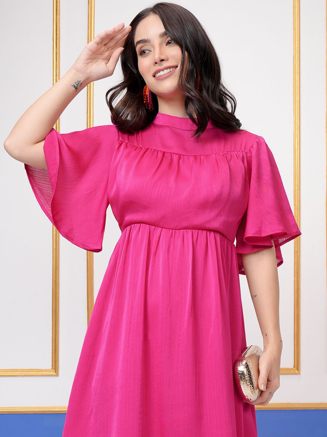 

Vishudh Women Flutter Sleeve Fit & Flare Above Knee Dress, Magenta