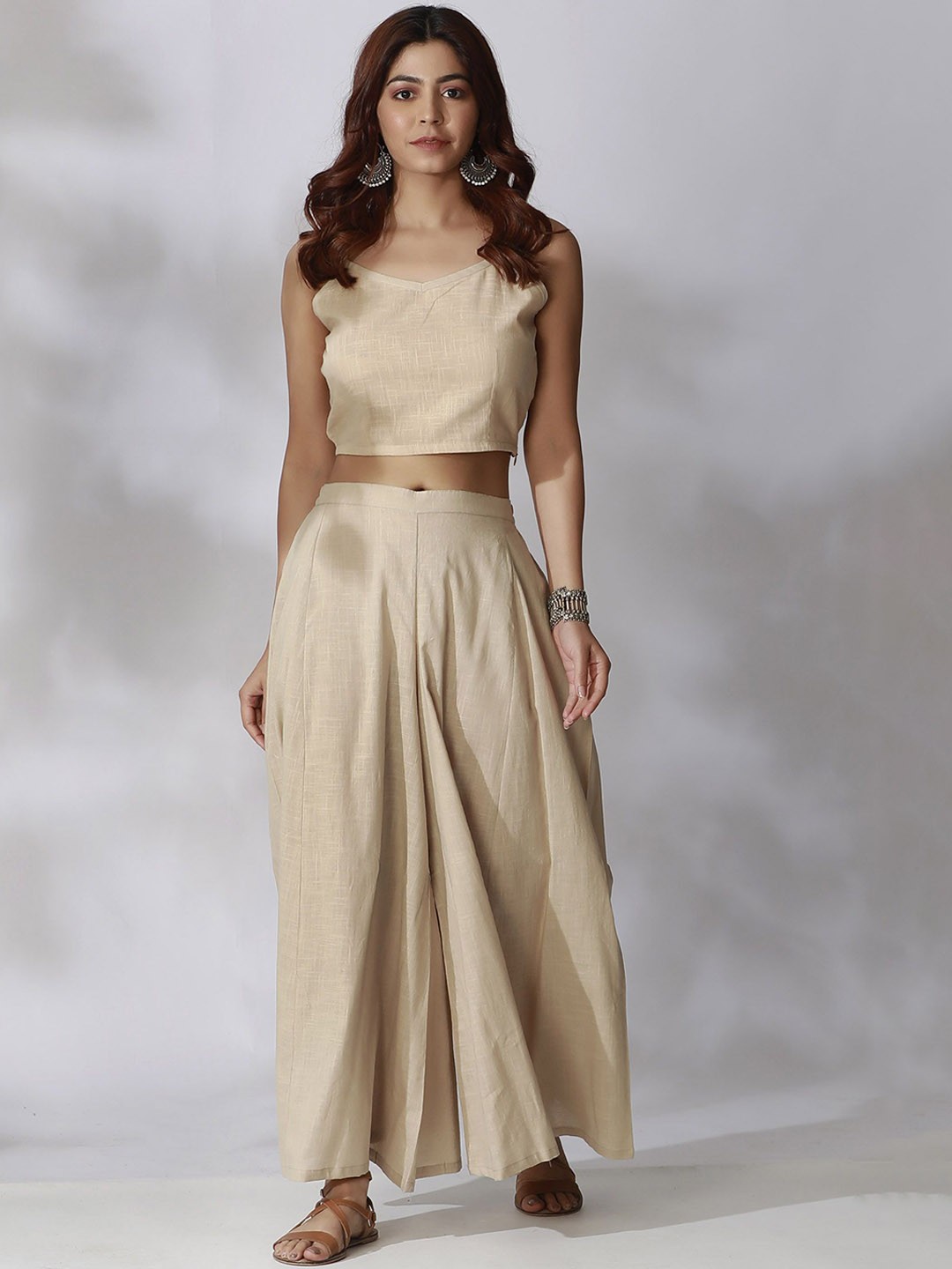 

TJORI Cotton Crop Top With Palazzos Co-Ords, Beige