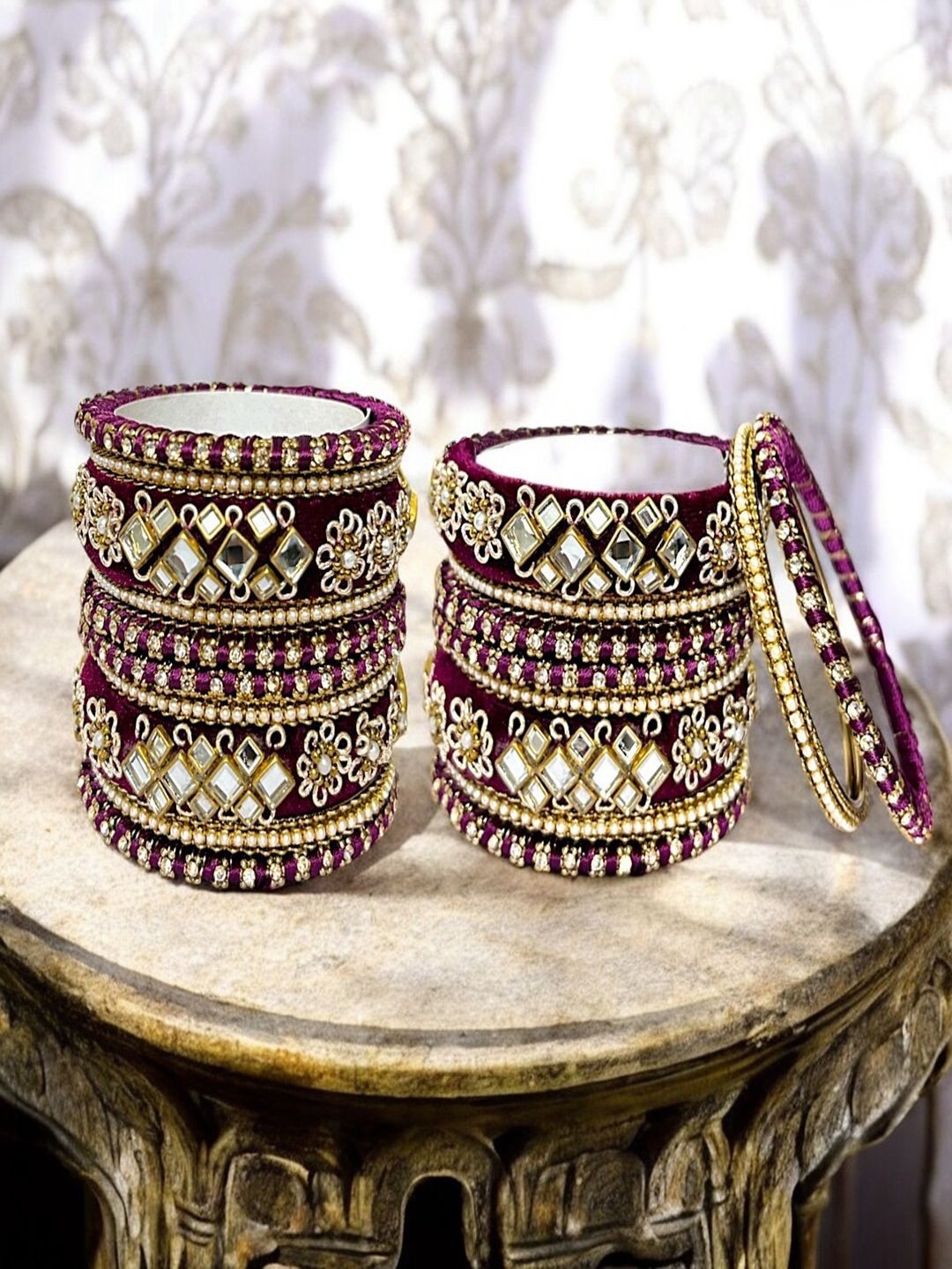 

AccessHer 20 Gold Plated Rajwadi Style Maroon Velvet Fabric & Mirrors Embellished Bangles