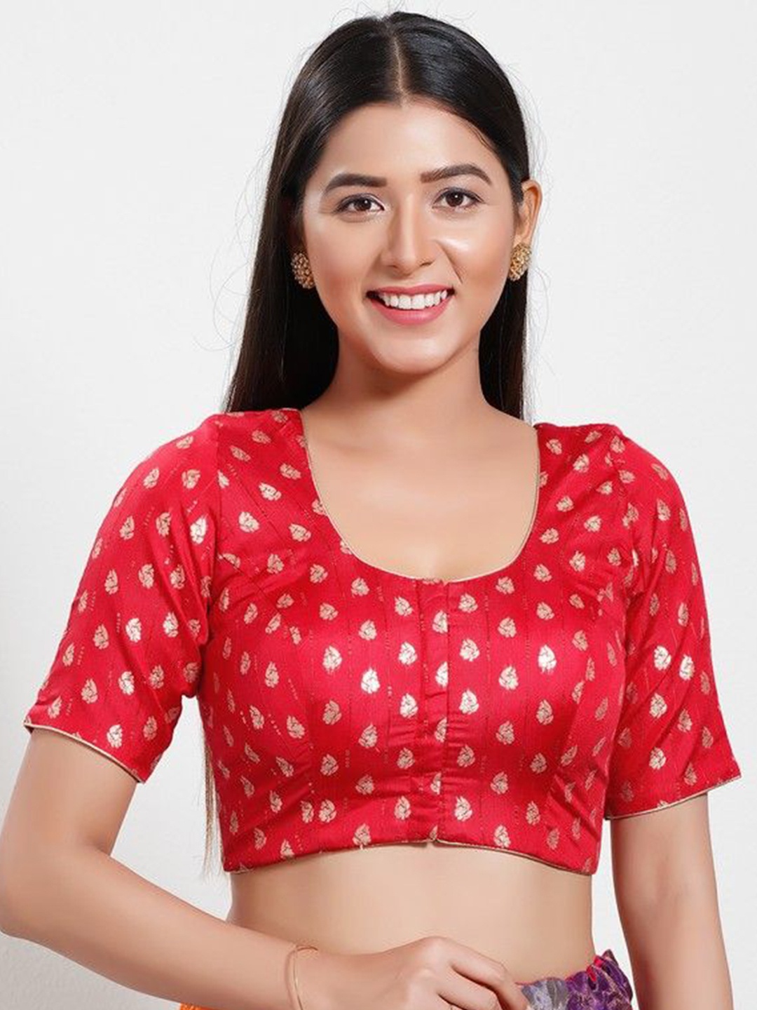 

Mmore Woven Design Padded Saree Blouse, Red