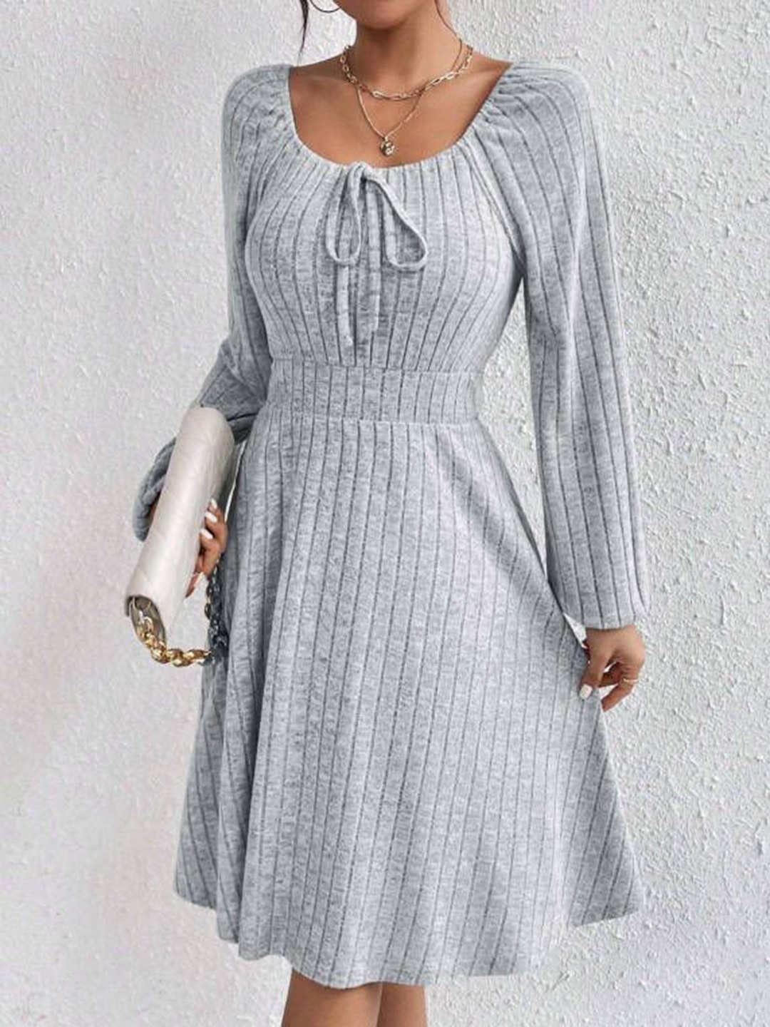 

HERE&NOW Striped Tie-Up Neck Fit & Flare Dress, Grey