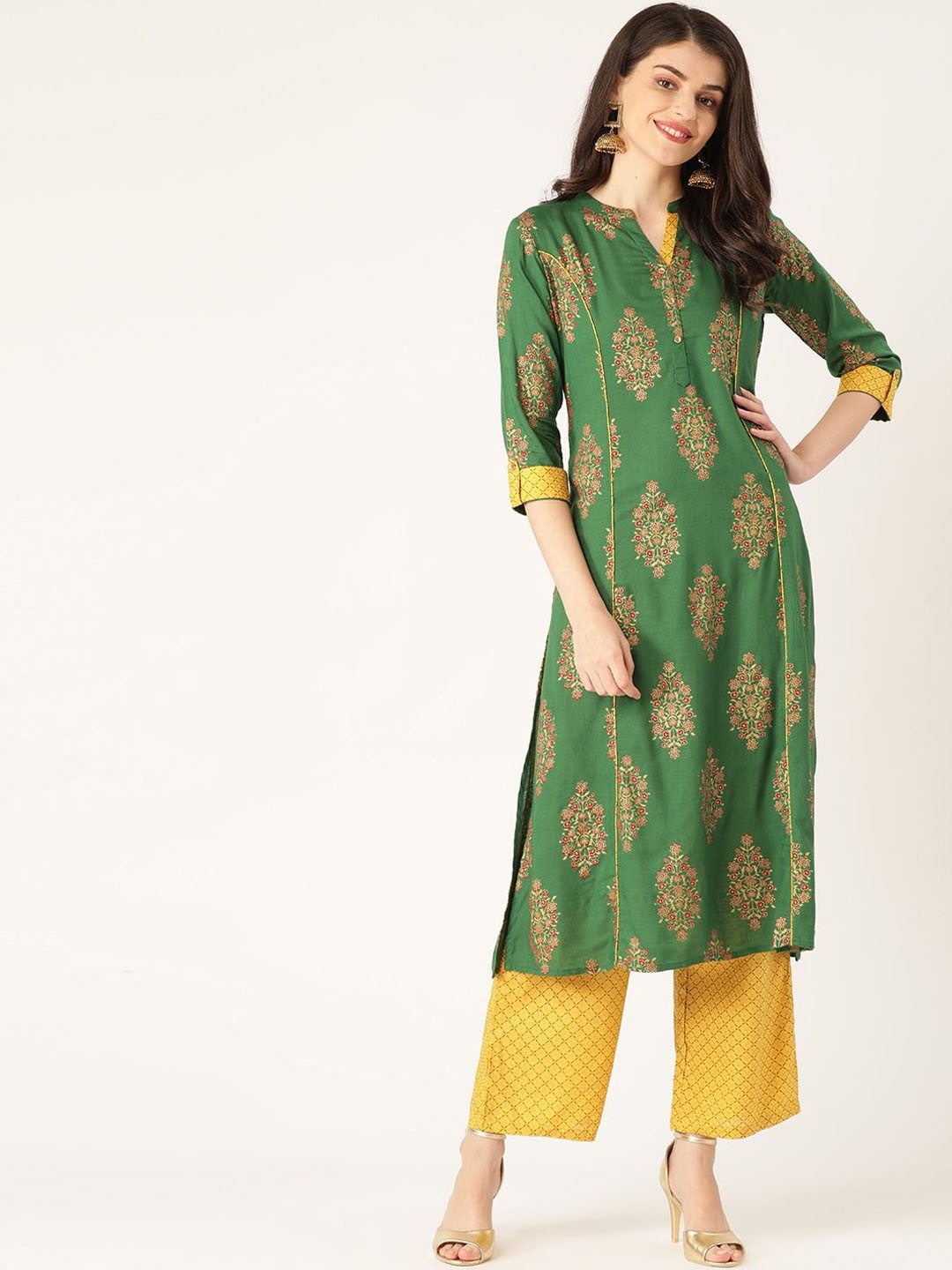 

Anouk Floral Printed Mandarin Collar Straight Kurta With Palazzo, Green