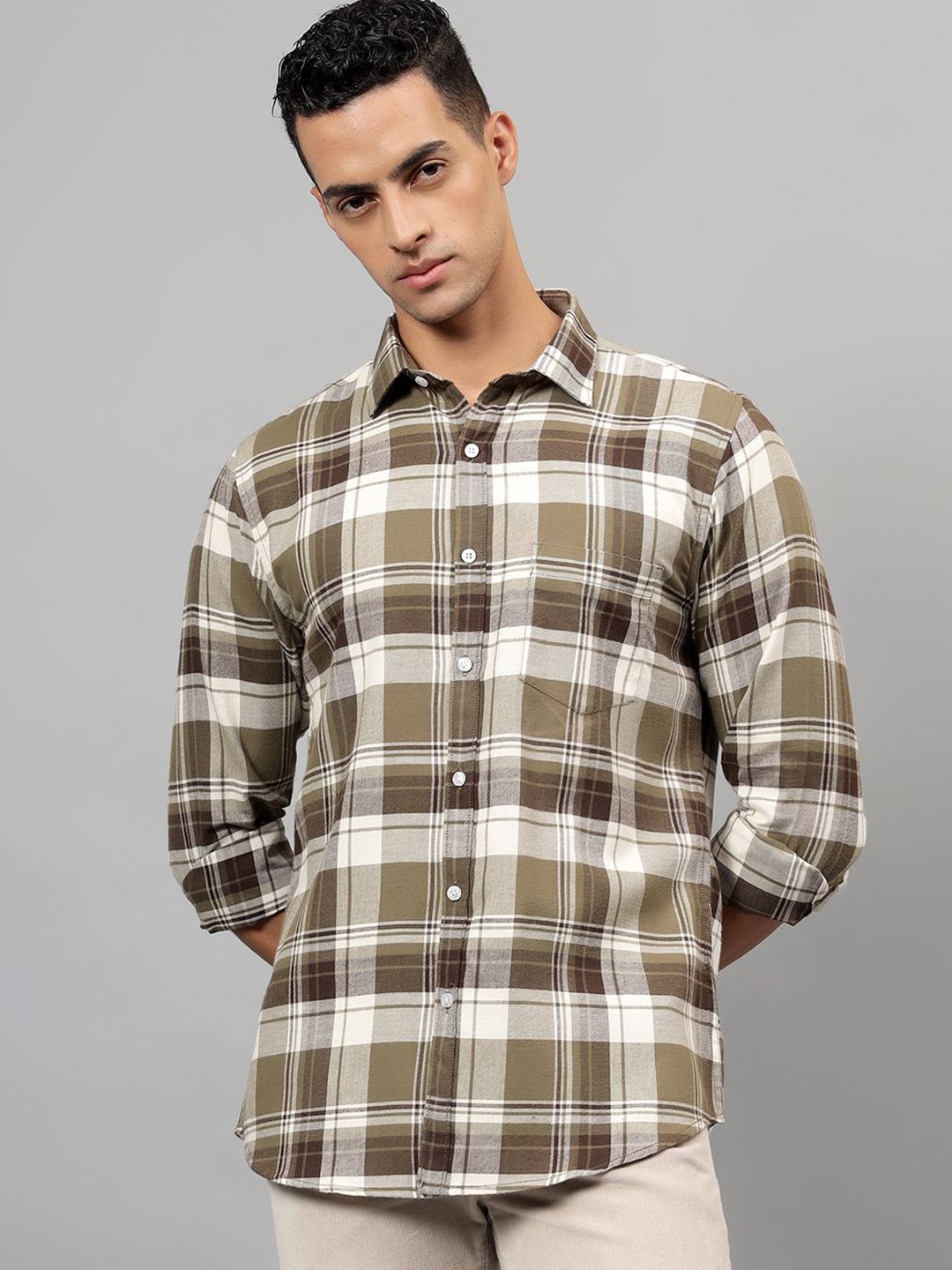 

Cantabil Men Spread Collar Tartan Checked Cotton Casual Shirt, Green