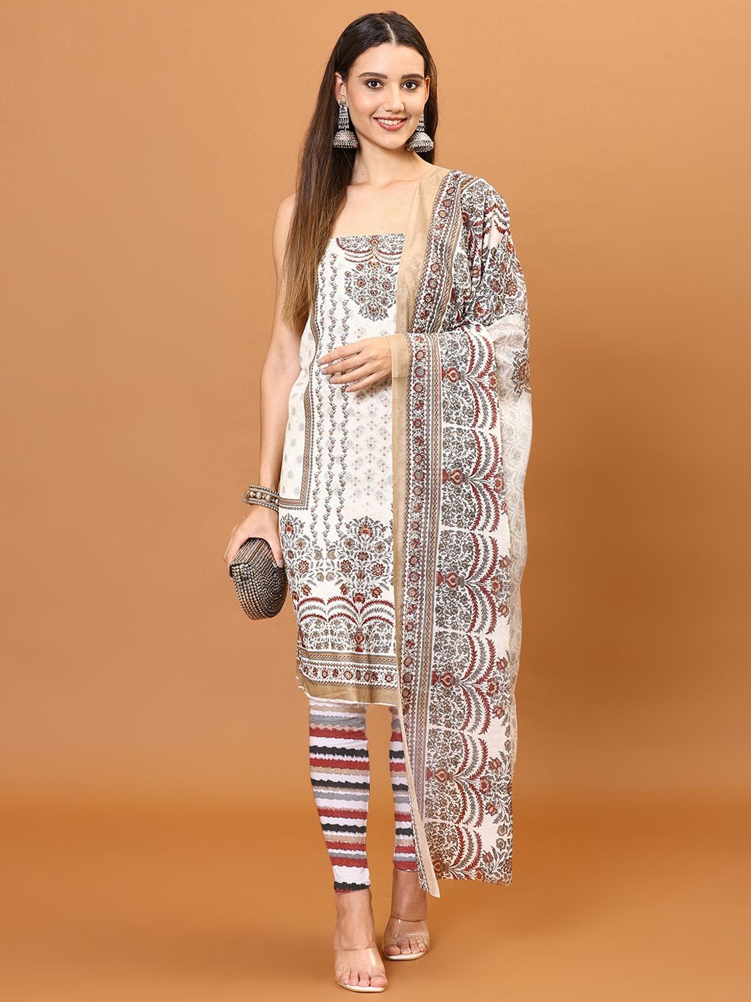 

Meena Bazaar Floral Printed Unstitched Dress Material, Cream