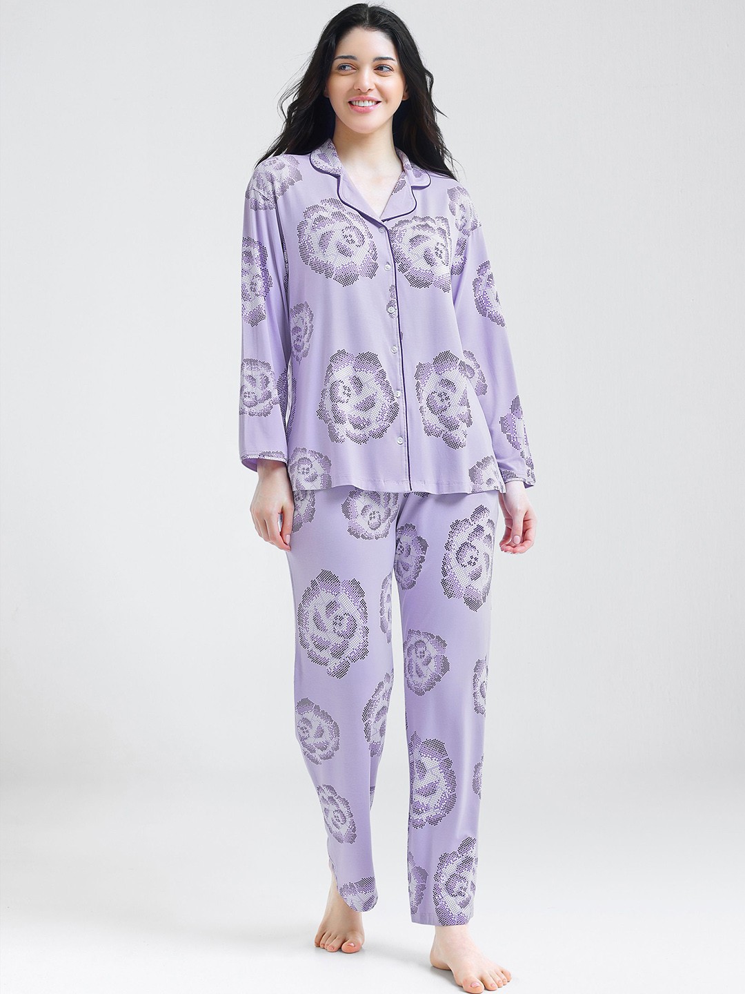 

I like me Women Floral Printed Lapel Collar Night suit, Purple
