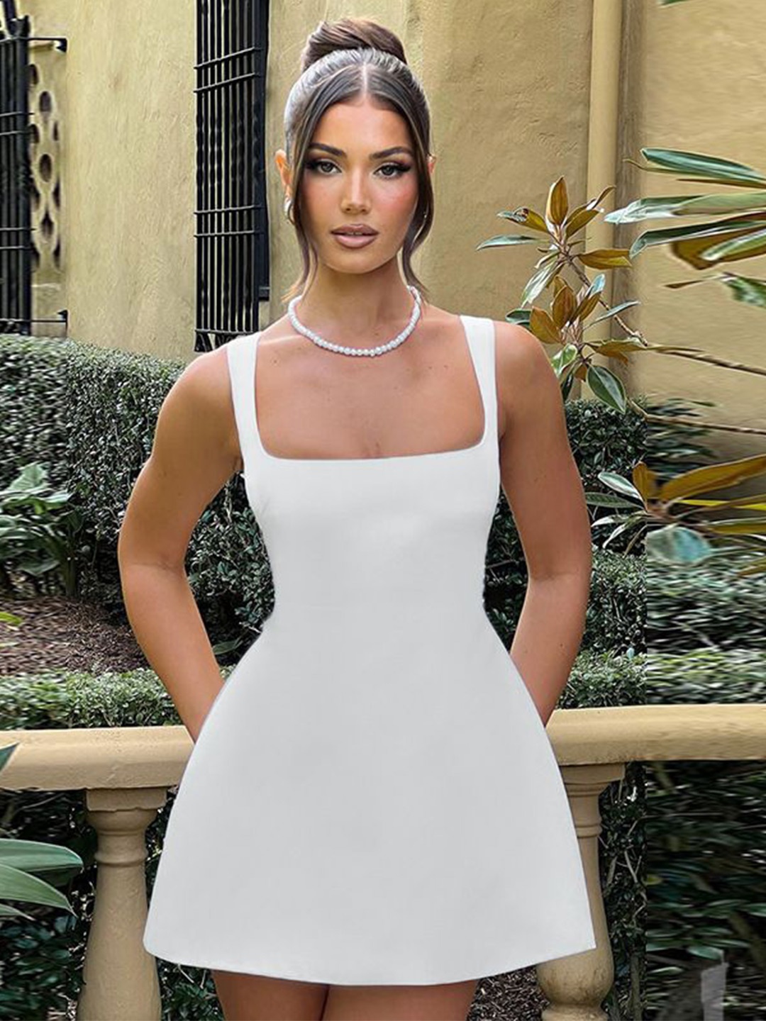 

MIAKEE Solid Shoulder Straps A-Line Mini Dress, White