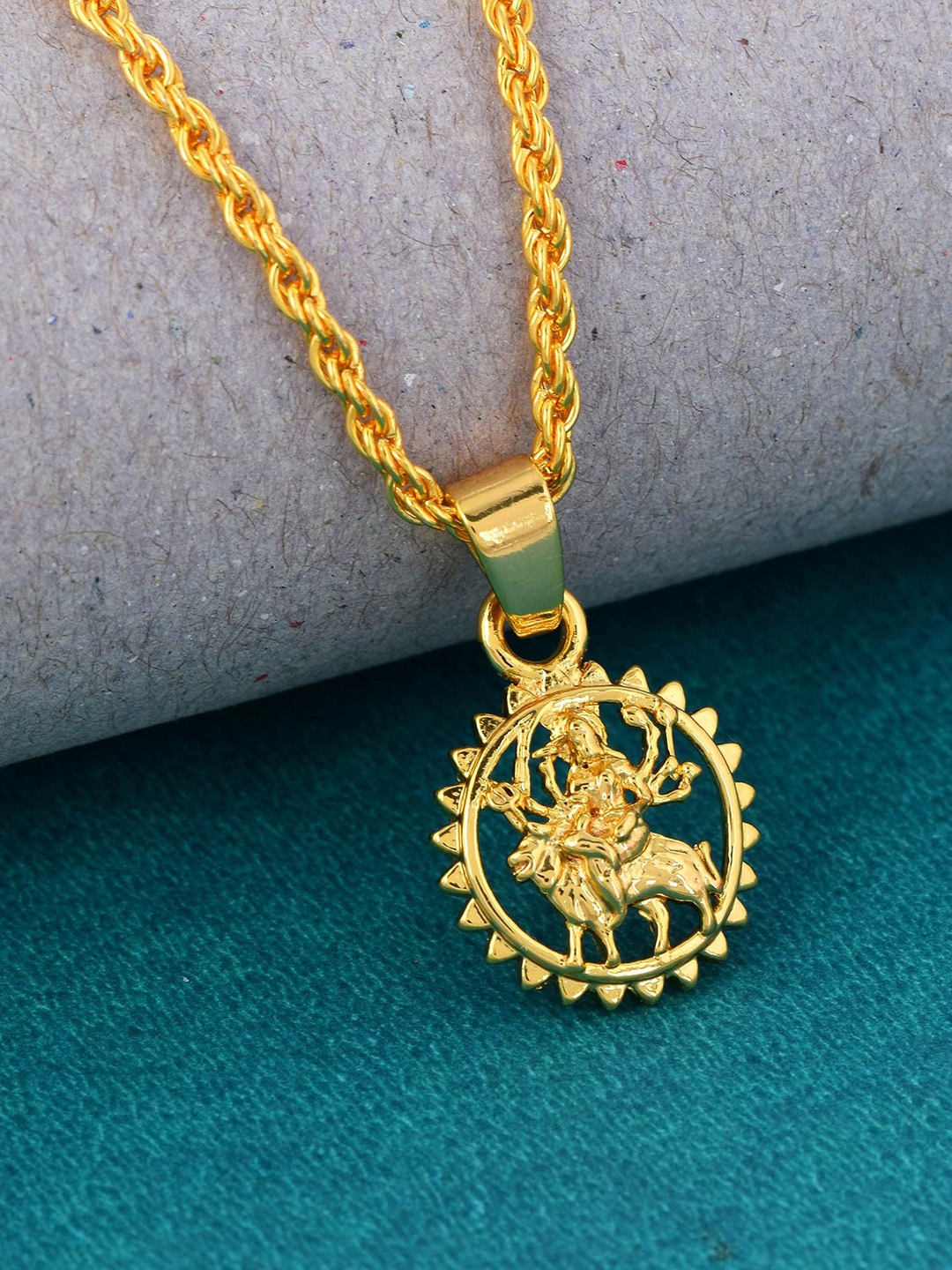 

MEMOIR Men Gold Plated Sherawali MATA Durga Circular Pendant