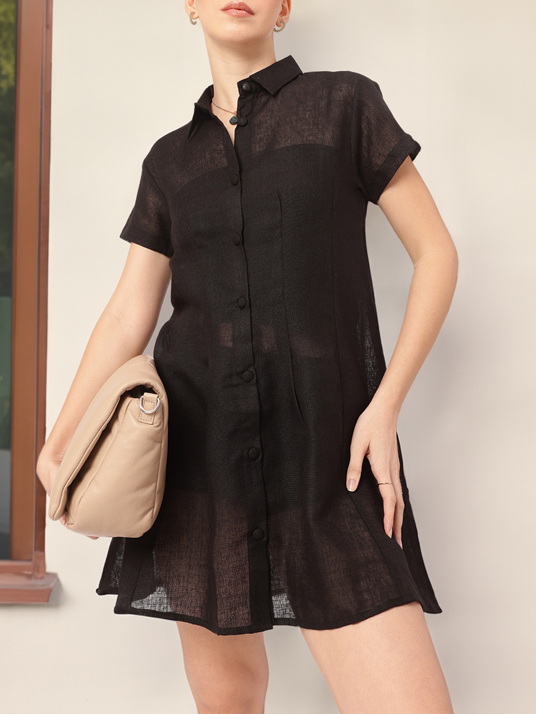 

DressBerry Serene Silhouette Sheer MIni Shirt Dress, Black